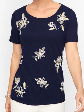 Talbots Embroidered Floral Cotton Modal Tee Size L Preppy Casual Summer Basic